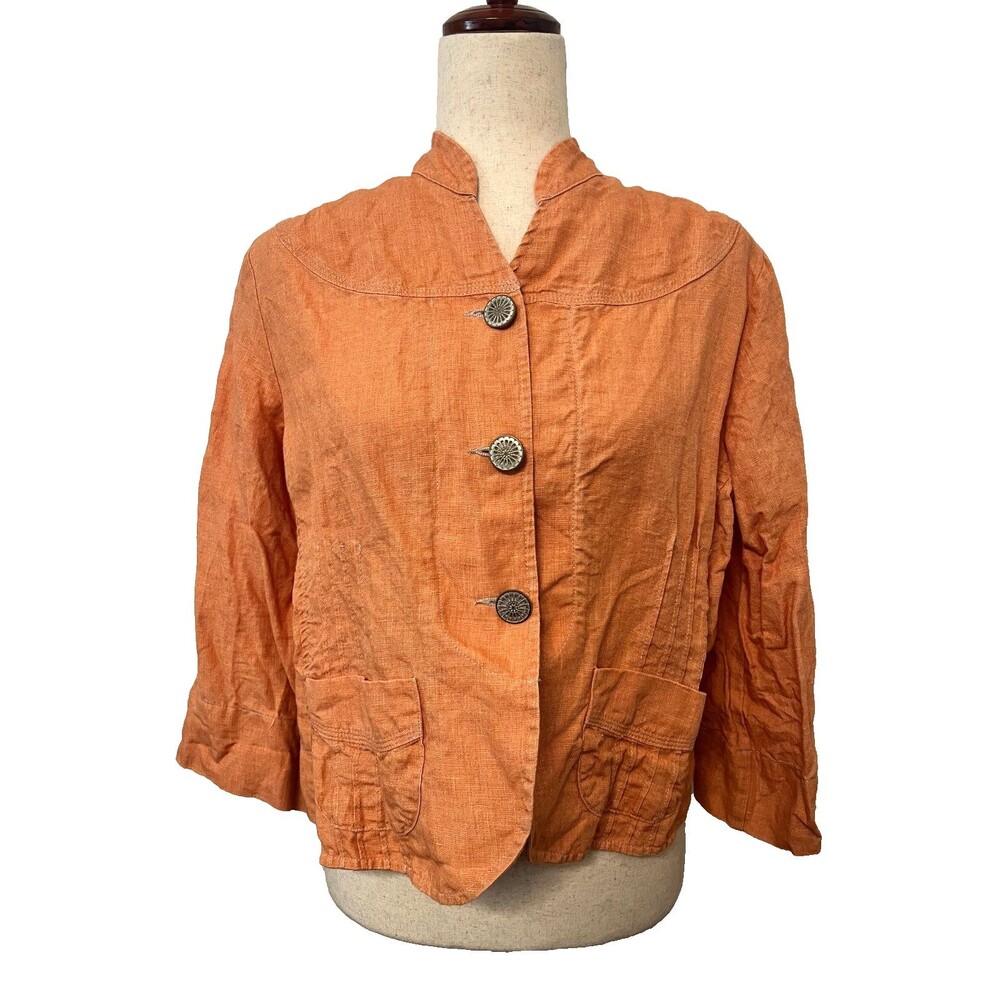 CHICO'S 1 Women's 100% LINEN Shirt Jacket Orange Pleated Button Crop 3/4 Sleeve